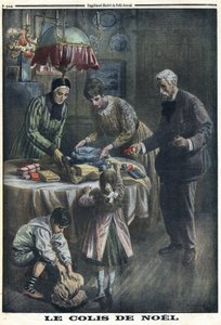 I wojna światowa 1914-1918 (wojna 14-18). Prezent świąteczny: Dzieci otrzymują i rozpakowują paczki, które otrzymały od ojca na polu bitwy w Wigilię. W „”Le Petite Journal””, dnia 24.12.1916. Prywatna kolekcja autorstwa Anonymous Anonymous