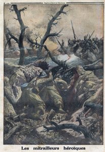 I wojna światowa 1914-1918 (wojna 14-18). Francuscy strzelcy maszynowi strzelali do atakujących wojsk niemieckich. W „”Le Petite Journal””, dnia 9.04.1916. Prywatna kolekcja autorstwa Anonymous Anonymous