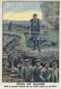 I wojna światowa 1914-1918 (wojna 14-18). „” Headheads””: kala jeńców niemieckich w okopach zdobytych przez wojska armii francuskiej. W „” Le Petité Journal””, dnia 5.03.1916. Prywatna kolekcja autorstwa Anonymous Anonymous