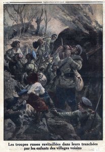 I wojna światowa 1914-1918 (wojna 14-18). Rosyjskie wojska tankowały w swoich okopach dzieci z okolicznych wsi. W „” Le Petite Journal””, z dnia 02.04.1916. Prywatna kolekcja autorstwa Anonymous Anonymous