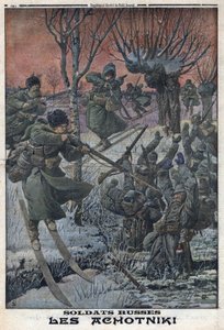 I wojna światowa 1914-1918 (wojna 14-18). Rosyjscy żołnierze Ahotniki na nartach strzelają do niemieckich żołnierzy. W „” Le Petite Journal”, 23.01.2016 r. Prywatna kolekcja autorstwa Anonymous Anonymous