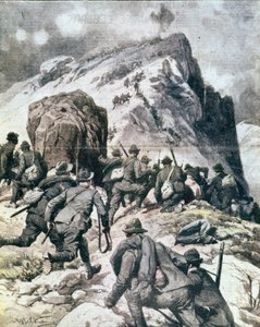 Pierwsza wojna światowa: „”Włoscy myśliwi alpiniści (alpino lub alpini) wspinający się na szczyt Cauriol, Alpy Włoskie”” 1916 Ilustracja z „La domenica del corriere”” autorstwa Anonymous Anonymous