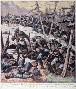 Pierwsza wojna światowa: „”Włoscy łowcy alpejscy (alpino lub alpini) odbierają wrogom Pal Piccolo, Alpy włoskie”” 1916 Ilustracja z „La domenica del corriere”” autorstwa Anonymous Anonymous
