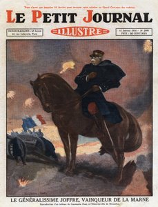 Pierwsza wojna światowa: portret generała Josepha Joffre (1852-1931) na koniu, przedstawiający jako zwycięzcę na polu bitwy pod La Marne (wrzesień 1914)” Ilustracja z obrazu Constantine Font. Rycina z „Le petit journal illustious”” z 1931 r. autorstwa Anonymous Anonymous