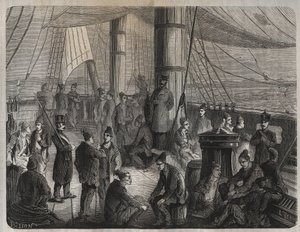 Pierwszy konwój wojsk z Tulonu do Kajenny (Gujana) na mocy dekretu z dnia 8 grudnia 1851 r. Grawer „Historia skazanych od ich powstania do dnia dzisiejszego” (1877) autorstwa Pierre