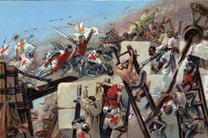 Pierwsza krucjata (1096-1099): zdobycie Jerozolimy przez krucjaty prowadzone przez Godefroya (Godefroi) z Bouillon (1061-1100) 15 lipca 1099. Chromolitografia reklamowa czekoladek Antoine w Brukseli, początek XX wieku. Prywatna kolekcja autorstwa Anonymous Anonymous