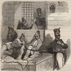 Zmuszony do odpoczynku w więzieniu Rochefort w XIX wieku. Grawer „Historia więzień od ich powstania do dnia dzisiejszego” (1877) autorstwa Pierre