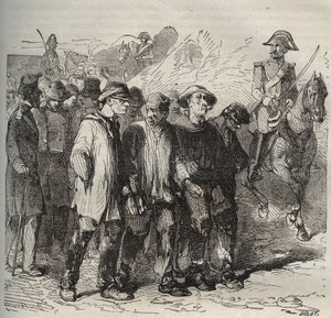 Skazani w marszu w bagne de Rochefort w XIX wieku. Grawer „Historia skazanych od ich powstania do dnia dzisiejszego” (1877) autorstwa Pierre