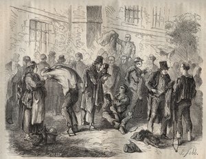 Forcats sprzedający swój dobytek przed wejściem do Tulonu Bagne w XIX wieku. Grawer w „Historii skazanych od ich powstania do dnia dzisiejszego” (1877) autorstwa Pierre