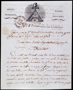 Rewolucja Francuska: pierwsza strona i nagłówek wojskowego pisma administracyjnego 4 mgła rok III (25.10.1794) z dnia 18 Frimaire rok III (08.12.1794) z republikańskim napisem „Liberte Egalite, Fraternite ou la Mort” i symbolami Franco-Maconnerie. autorstwa Anonymous Anonymous