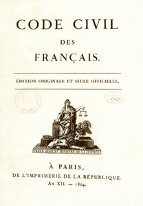 Frontyspekcja jednego z dwunastu oryginalnych wydań „Code civil des francais”” ogłoszonego przez Napoleona Bonaparte 21.03.1804. Francuska ustawa o prawach obywatelskich. B.N. Paryż autorstwa Anonymous Anonymous