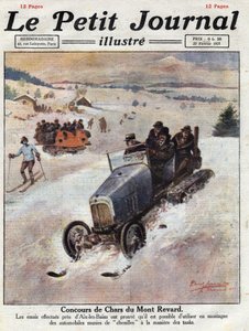 Innowacje w samochodach w górach, tory są umieszczone na kołach, aby uniknąć uszkodzeń. Ilustracja zaczerpnięta z „”Le petit journal”” z 27.02.1921. Prywatna kolekcja autorstwa Anonymous Anonymous