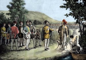 Jacques Cartier, jego pierwszy wywiad z Indianami w Hochelaga obecnie Montrealu w 1535 roku (lit autorstwa Anonymous Anonymous