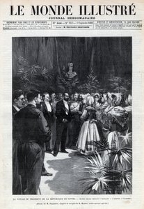 Podróż Sadi Carnot (1837-1894) do Sabaudii: Prezydent Republiki jest witany w Chambery przez młode dziewczyny oferujące mu bukiet kwiatów. Gazeta. Grawer „Le monde illustree” z 1892 r. Ze zbiorów prywatnych. autorstwa Anonymous Anonymous