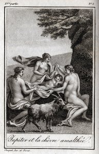 Dziecko Jowisza karmione przez kozę Amalthee. Rycina z 1819 r. w „Lettres a Emilie sur la mitologie” Charlesa Alberta Demoustiera (1760-1801). Prywatna kolekcja. autorstwa Anonymous Anonymous
