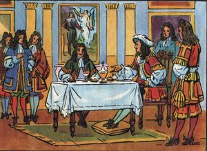 Król Ludwik XIV (1638-1715) przyjął komika i dramaturga Jana Baptiste Poquelin dit Moliere (1622-1673) podczas śniadania w obecności dworu na zamku w Wersalu. Anonimowa ilustracja w „” Collection des souverains et chefs d