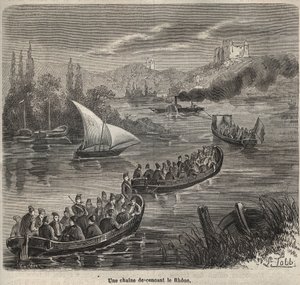 Więzienie Toulon - łańcuch schodzący w dół Rodanu - Grawerowanie w „Historii więzień od ich powstania do dnia dzisiejszego” (1877) autorstwa Pierre