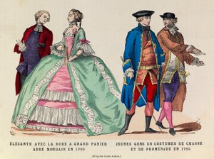 Po lewej: Elegante z dużą suknią koszową, monday abbe w 1760/po prawej: Młodzi mężczyźni w strojach myśliwskich i spacerowych z 1760 (regne króla Ludwika XV) - kolekcja prywatna autorstwa Anonymous Anonymous