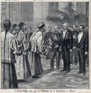 Li Hongzhang przyjęty przez prezydenta republiki Felixa Faure (1841-1899) w Pałacu Elizejskim. Grawerowanie w „Le Petite Parisien”” autorstwa Anonymous Anonymous