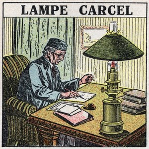 Źródła światła: lampa Carcel, wynaleziona przez Guillaume Carcel (1750-1812) i wykorzystująca olej roślinny. Anonimowa ilustracja z 1925 r. Ze zbiorów prywatnych. autorstwa Anonymous Anonymous