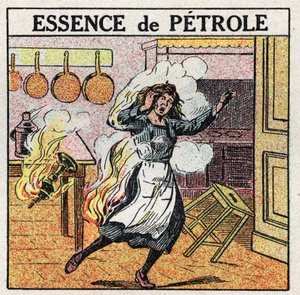 Źródła światła: kobieta zapaliła się podczas manipulowania lampą z benzyną. Anonimowa ilustracja z 1925 r. Ze zbiorów prywatnych. autorstwa Anonymous Anonymous