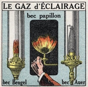Źródła światła: gaz świetlny i różne dzioby (wylewka motylkowa, wylewka Bengel, wylewka Auer). Anonimowa ilustracja z 1925 r. Ze zbiorów prywatnych. autorstwa Anonymous Anonymous