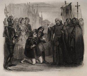Ludwik XI (1423-1483) prosząc o swoją partyjkę u Franciszka de Paule (1416-1507) Rycina z 1846 r. w „Żywotach świętych””. Prywatna kolekcja. autorstwa Anonymous Anonymous