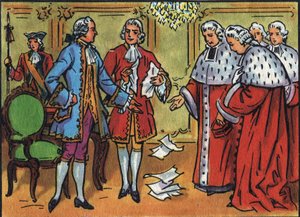 Ludwik XV (1710-1774), król Francji, łamie orzeczenia parlamentu. Anonimowa ilustracja w „”Kolekcji suwerenów i głów państw Francji””. XX wiek. Prywatna kolekcja. autorstwa Anonymous Anonymous