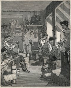 Produkcja grzebieni w warsztacie we Francji w XIX wieku. Grawer z 1885 roku w „Les arts et metiers illustres” Adolphe BITARD. autorstwa Anonymous Anonymous