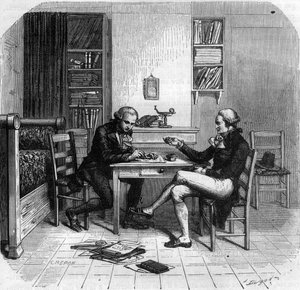 Maximilien de Robespierre 1758-1794, polityk francuski, członek Komitetu Bezpieczeństwa Publicznego z Maurice Duplay w swoim pokoju - Chambre de Maximilien de Robespierre chez Maurice Duplay (1736-1820) rue Saint-Honore a Paris - Grawerowanie w „Histoire d autorstwa Anonymous Anonymous