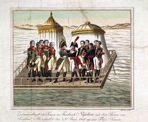 Spotkanie cesarzy Aleksandra I z Rosji i Napoleona I z Francji nad Niemnem w pobliżu Tilsit - Anonim - 1807 - Akwaforta, akwarela - 29,7x39,7 - Kolekcja prywatna autorstwa Anonymous Anonymous