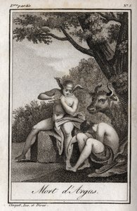 Merkury i Argus (Merkury i Argus). Śmierć Argusa: Merkury grany na flecie, by zasnąć Argusa i wydobyć nimfę Io, przemienioną w krowę. Rycina z 1819 r. w „Lettres a Emilie sur la mitologie” Charlesa Alberta Demoustiera (1760-1801). autorstwa Anonymous Anonymous