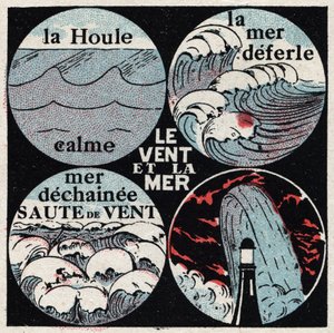 Meteorologia: wpływ wiatru na morze. Spokojna fala, morze opóźnione, morski dechainee, fala. Anonimowa ilustracja z 1925 r. Ze zbiorów prywatnych. autorstwa Anonymous Anonymous