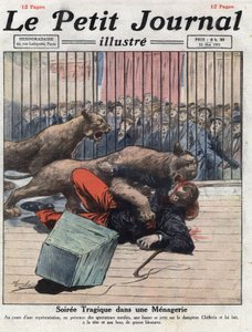 Różne: w wypadku podczas pokazu w menażerii lwica poważnie rani pogromcy. Ilustracja zaczerpnięta z „”Le petit journal”” z 15.05.1921 r. Kolekcja privee autorstwa Anonymous Anonymous