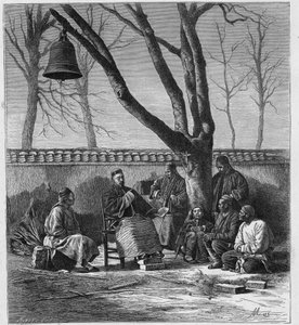 Misjonarz nauczający doktryny katolickiej w prowincji Henan (Ho Nan, Ho-Nan), Chiny. Grawer w „Misjach katolickich w XIX wieku” Louis-Eugene (Louis Eugene) Louvet. prywatna kolekcja. autorstwa Anonymous Anonymous