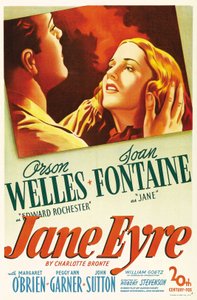Plakat filmowy z filmu „”Jane Eyre”” napisany przez Charlotte Bronte i wyreżyserowany przez Roberta Stevensona w 1944 roku z aktorami Orsonem Wellesem jako Edward Rochesterem i Joan Fontaine jako Jane. Prywatna kolekcja. autorstwa Anonymous Anonymous