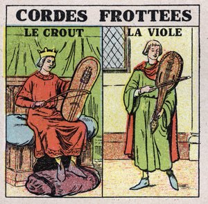 Instrumenty muzyczne: instrumenty smyczkowe pocierane. Gracze grypy i gwałtów w średniowieczu. Anonimowa ilustracja z 1925 r. Ze zbiorów prywatnych. autorstwa Anonymous Anonymous