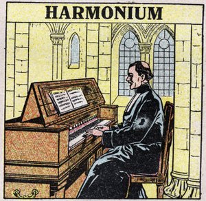 Instrumenty muzyczne: instrumenty dęte na biodrze. Grający na harmonii w kościele. Anonimowa ilustracja z 1925 r. Ze zbiorów prywatnych. autorstwa Anonymous Anonymous