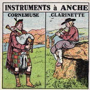 Instrumenty muzyczne: instrumenty dęte na biodrze. Muzycy fajkarzy i klarnetów. Anonimowa ilustracja z 1925 r. Ze zbiorów prywatnych. autorstwa Anonymous Anonymous