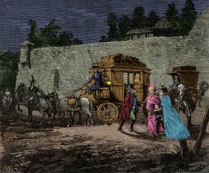 Nocny lot rodziny królewskiej do Varennes w 1791 r., rycina, kolekcja prywatna autorstwa Anonymous Anonymous