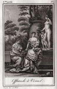 Oferta dla Wenus. Małe miłości (aniołki) zbierają się, aby oddać hołd bogini Afrodycie. Rycina z 1819 r. w „Lettres a Emilie sur la mitologie” Charlesa Alberta Demoustiera (1760-1801). Prywatna kolekcja. autorstwa Anonymous Anonymous