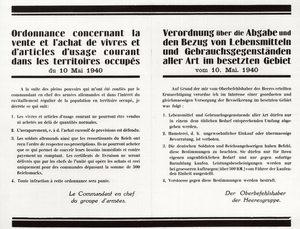 „Rozporządzenie w sprawie sprzedaży i zakupu żywności oraz artykułów powszechnego użytku na terytoriach okupowanych” – plakat dwujęzyczny francusko-niemiecki autorstwa Anonymous Anonymous