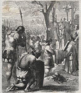 Otto I, Cesarz Rzymski przyjmuje komunię przed bitwą pod Lechfeld (955) - Cesarz niemiecki Otton I (Othon) (912-973) przyjmował komunię przed bitwą pod Lechfeld w 955 - rycina 1864 autorstwa Anonymous Anonymous