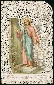 Pobożny obraz: Jezus pukający do drzwi (chromolitografia) autorstwa Anonymous Anonymous