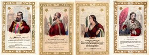 Pobożny wizerunek: "Św. Ulryk z Augsburga, św. Stanisław, św. Bibiana, św. Władysław I Węgierski" Kolekcja prywatna Karta autorstwa Anonymous Anonymous