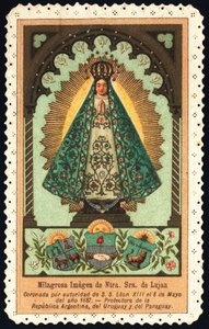Pobożny wizerunek: „”reprezentacja Nuetra Seniora (Matki Bożej) z Lujan, opiekunki Argentyny, Paragwaju i Urugwaju””Dentelee Card Private Collection autorstwa Anonymous Anonymous