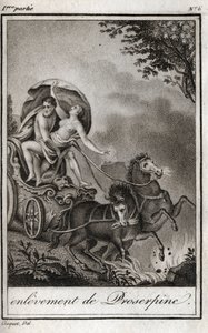 Pluton (Hades) zabiera Persefonę (Prozerpinę) przed swoją matką Ceres (Demeter) i zabiera go do królestwa Underworld. Pluton zabiera Persefonę do swojego królestwa, podziemi, w mitologii greckiej. Grawer z 1819 r. w „Lettres a Emilie s autorstwa Anonymous Anonymous