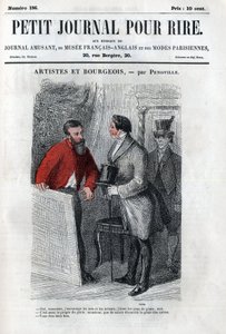 Komiks polityczny i społeczny w okresie Drugiego Cesarstwa. „Artysta i burżuazja””: rozmowa między amatorami sztuki burżuazyjnej (mecena). Grawer w „”Petity Journal pour rire”” autorstwa Anonymous Anonymous