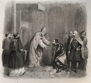 Papież św. Pius V (Pius lub Pio) (1566-1572) odbierający zwycięzcę bitwy pod Lepante. Rycina z 1846 r. w „Żywotach świętych”. Prywatna kolekcja. autorstwa Anonymous Anonymous