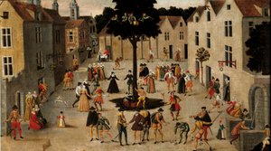 Popularna tradycja: „”Popularny festyn wokół Arbre de Mai (wiązu) w Paryżu””Anonimowy obraz. XVI w. niedz. 0,7x1,3 m Paryż, Muzeum Carnavalet autorstwa Anonymous Anonymous